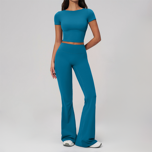 Wholesale Seam-Detail Cropped T-Shirt & Flare Leggings Set – Brushed Yoga 2-Piece