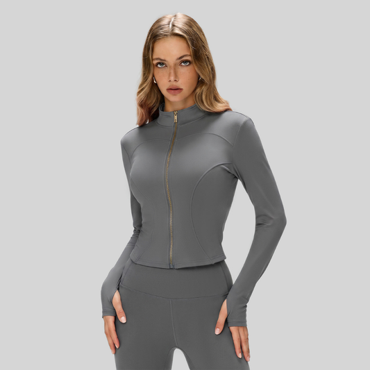 Women's Slim Fit Long Sleeve Yoga Jacket with Gold Zipper