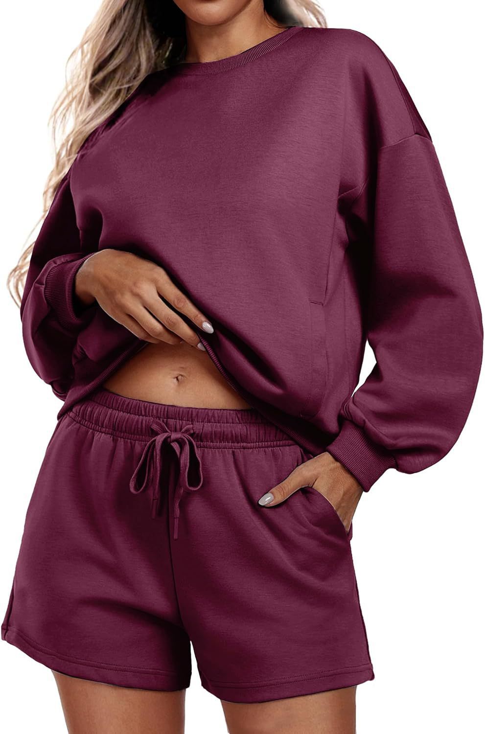 Round neck loose casual sweatshirt+Loose-fitting athletic shorts 2-piece set