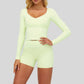 Color-blocked long-sleeved sports top+High waisted shorts 2-piece set