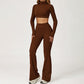 High-Neck Cropped Long Sleeve + Flared Leg Pants 2-Piece Set