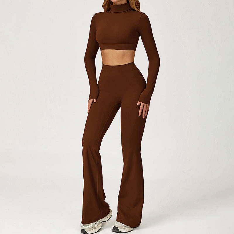 High-Neck Cropped Long Sleeve + Flared Leg Pants 2-Piece Set