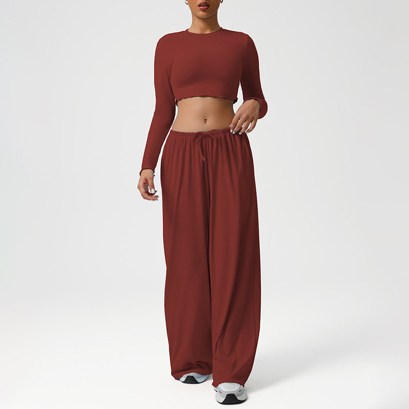 Snug-Fit Cropped Long Sleeves + Loose Drawstring Wide-Leg Pants 2-Piece Set