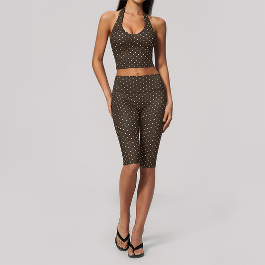 Wholesale Women's Deep V high-elastic polka-dot vest + high-waisted Capri Shorts Set