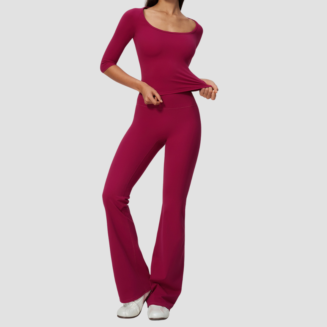 Wholesale Women's Round Neck Mid-Sleeve Tops + Flare Pants Yoga Set