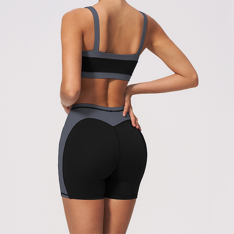 Wholesale Women's Colorblock Bare-Feel Yoga Set Sports Bra & Shorts w/ Chest Pad