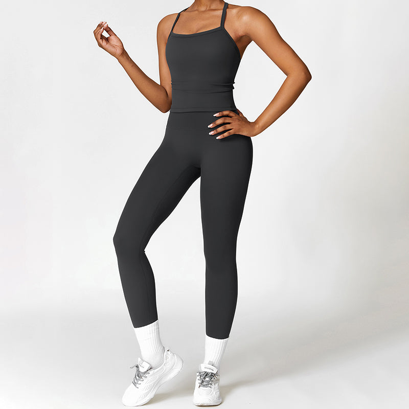 Tapa del tanque de yoga de cruz cepillado + Leggings de cintura alta de 2 piezas