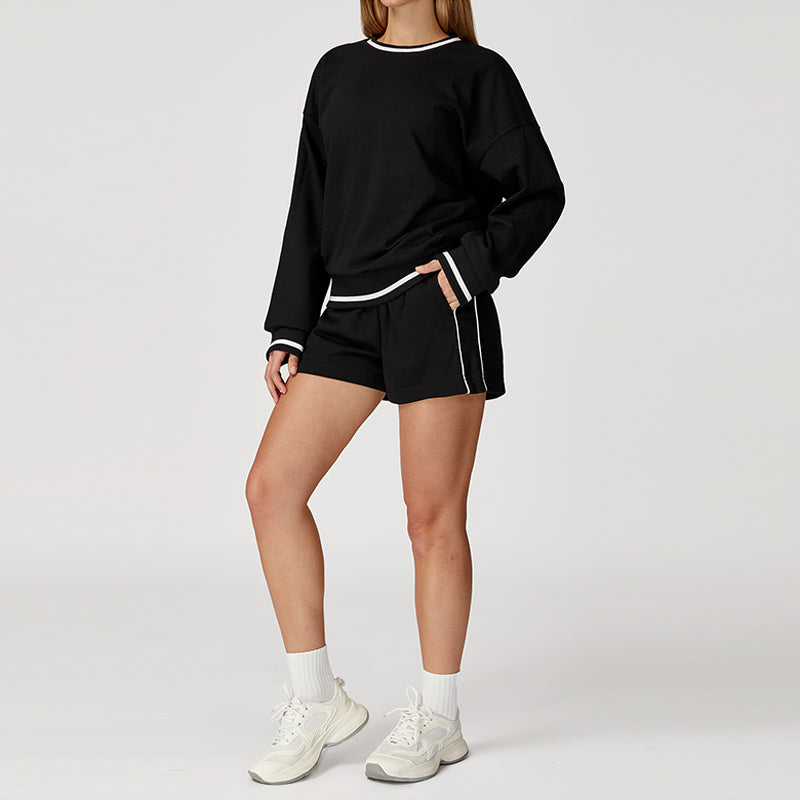 Contrasting Color long sleeve Sweatshirt + loose shorts 2 pieces set