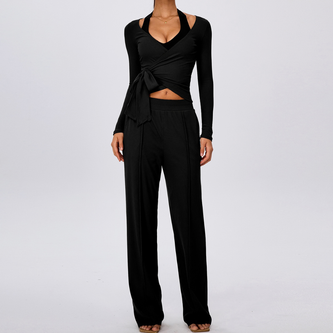 Wholesale Women's Padded Sports Bra+Tie-Front Long-Sleeve+Wide-Leg Pants Yoga Set