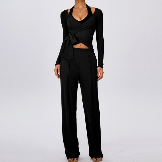 Wholesale Women's Padded Sports Bra+Tie-Front Long-Sleeve+Wide-Leg Pants Yoga Set