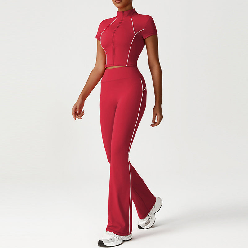 Stand-Collar Cropped Jacket + Butt-Lifting Flared Pants 2-Piece Set