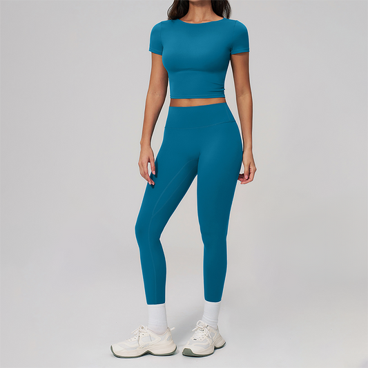 Wholesale Seam-Detail Cropped T-Shirt & High-Waist Leggings Set – Brushed Yoga 2-Piece