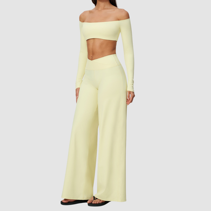 Wholesale Women's Long-Sleeve Tops + Wide-Leg Pants Fitness Two-Piece Set