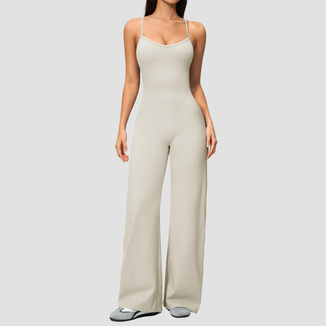 Wholesale Women's Brushed Yoga Jumpsuit – Cross Back Wide-Leg Athletic Bodysuit w/ Chest Pad