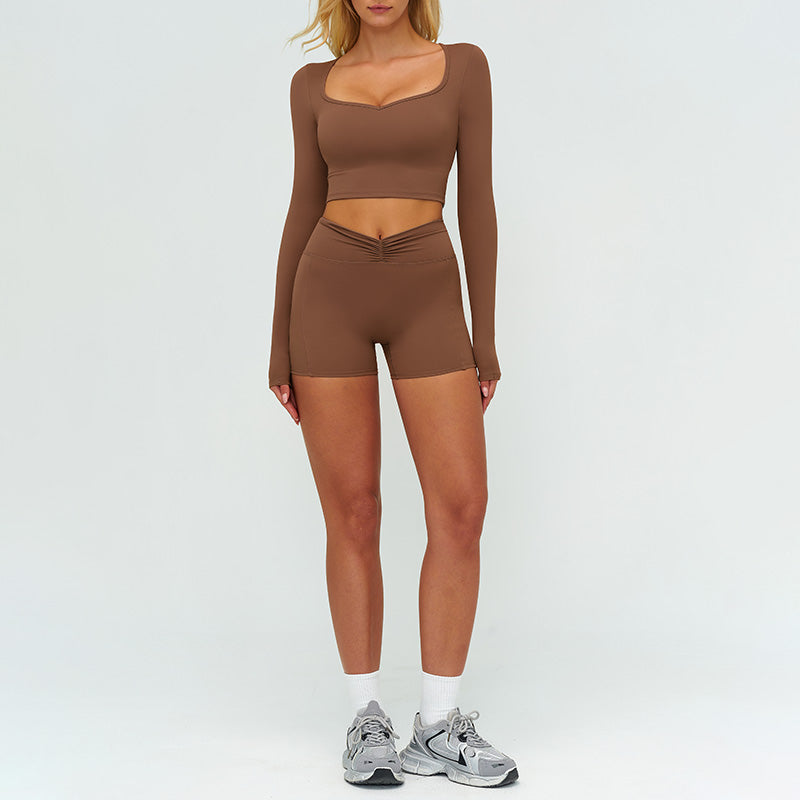 Slim-fitting long-sleeved top + tight-fitting athletic shorts 2-piece set