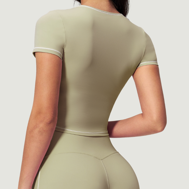 Wholesale Women's Seam-Detail Colorblock Short Sleeve Crop Top – Butt-Lifting Yoga Gym Activewear FDX2036
