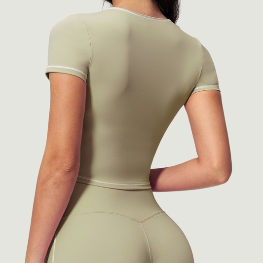 Wholesale Women's Seam-Detail Colorblock Short Sleeve Crop Top – Butt-Lifting Yoga Gym Activewear FDX2036