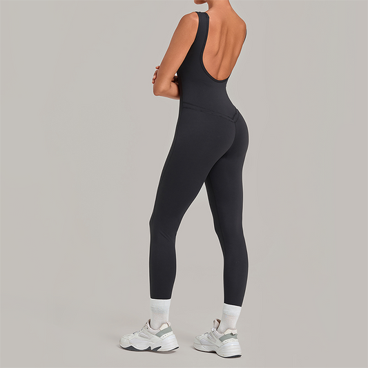 Wholesale Women's Brushed Yoga Jumpsuit – Open-Back Slim Fit Athletic Bodysuit w/ Chest Pad