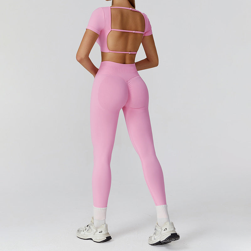 Seamless Short Sleeve Sports Top + hoch taillierte Leggings 2-teilige Leggings