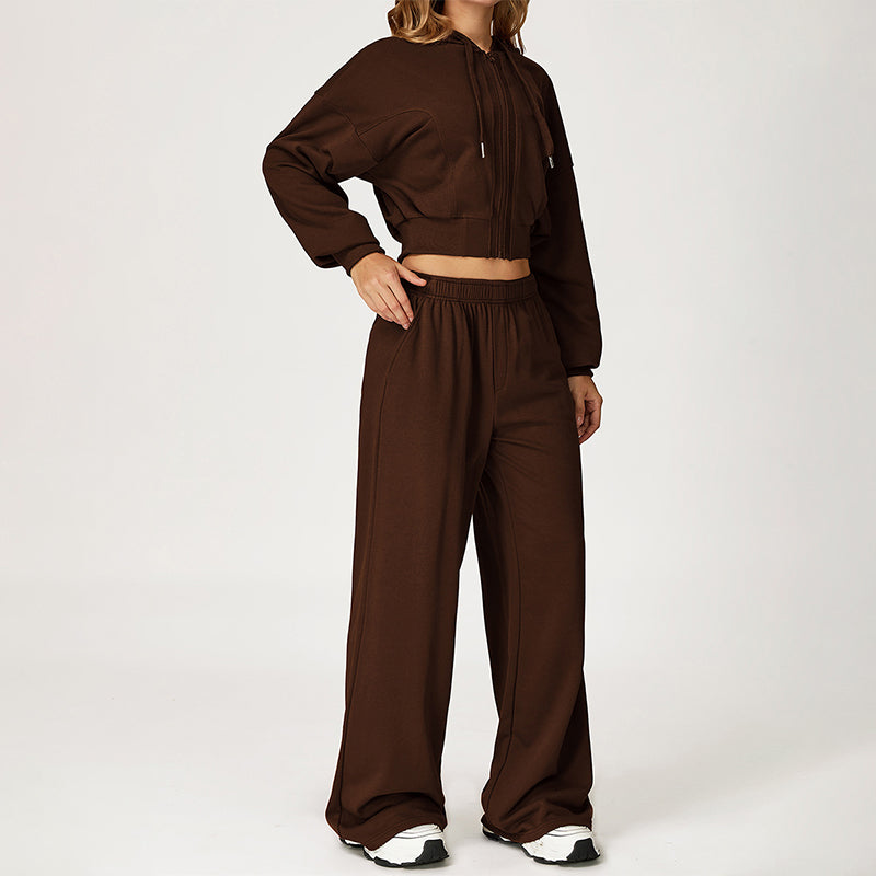 LOOSE HOODED AND FULL ZIPPER SWEATSHIRT + DRAWSTRING SWEATPANTS 2 PIECES SET