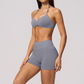 Wholesale Women's Seamless Yoga Set: Halter Open-Back Sports Bra & Shorts – Quick-Dry Lycra w/ Chest Pad