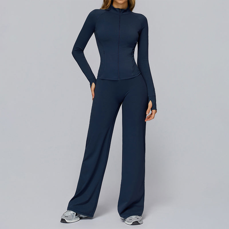 Zippered quick-drying sports jacket+High-waisted wide-leg sweatpants 2-piece set