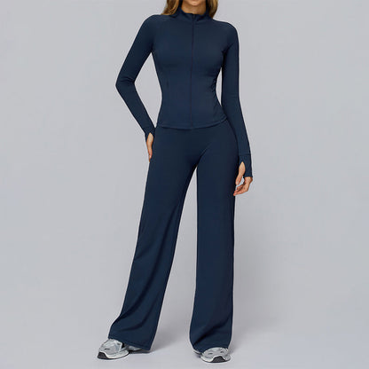 Zippered quick-drying sports jacket+High-waisted wide-leg sweatpants 2-piece set