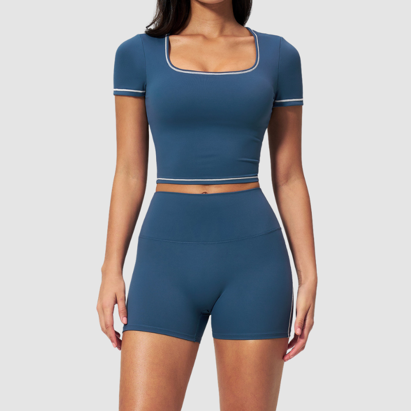 Wholesale Women's Seam-Detail Short Sleeve Crop Top + High-Waist Shorts Set – Butt-Lifting Yoga Gym Activeweare