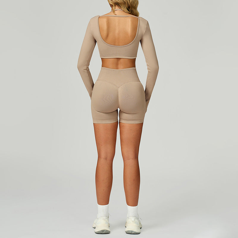 Seamless halter long sleeve top + High-waisted shorts 2-Piece Set