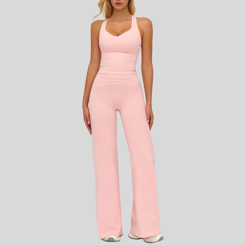 Contrasting racerback tank top+ High-waisted wide-leg pants 2-piece set
