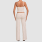 Wholesale Women's Activewear Retro Print Fold-Over Waist Top & Straight-Leg Pants Set