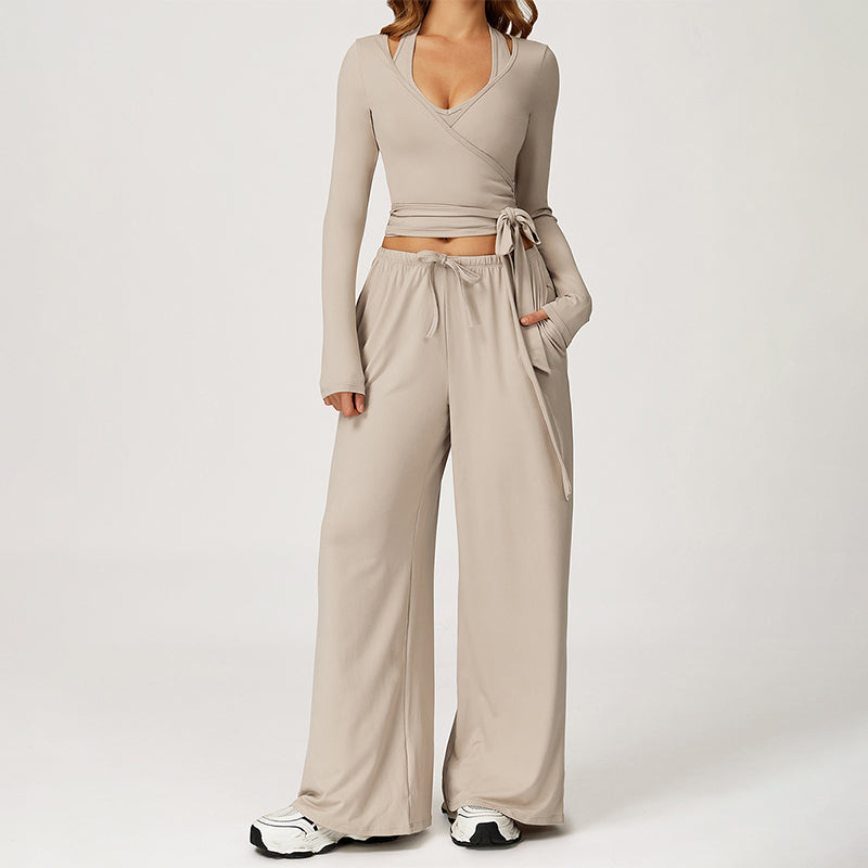 V-neck crop top+Open-back sleeveless crop+HIGH WAIST LEGGINGS 3-PIECE SET