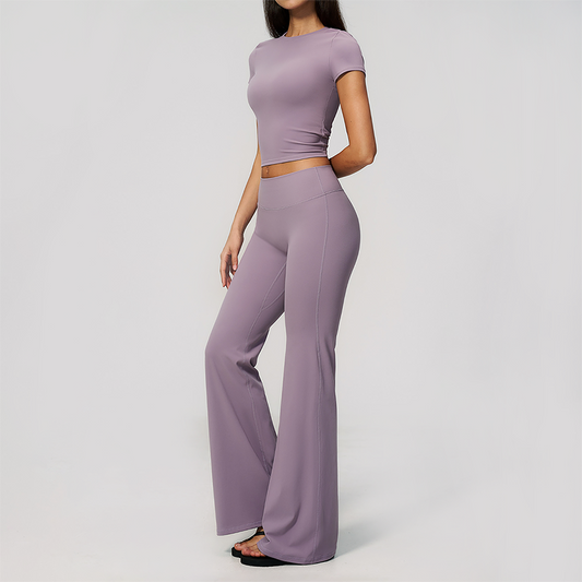 Wholesale Women's Buttery Soft Short Sleeve Crop Top & Flare Pants Yoga Set