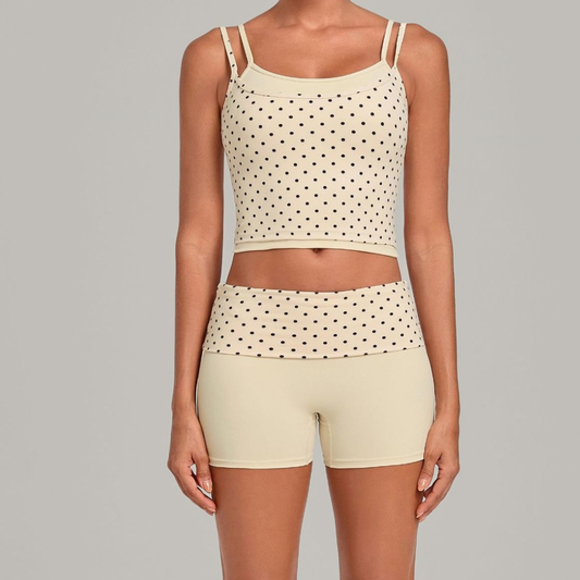 Wholesale Women's Retro Print Double-Strap Yoga Vest+High-waist Shorts Two-Piece Set