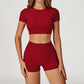 Round-neck short-sleeve high-waist fitted top+High-waist shorts 2-PIECE SET