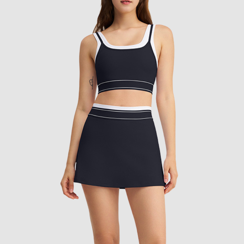 Wholesale Women's Contrast Stripe Halter Bra & Tennis Skirt Set – Sporty Two-Piece