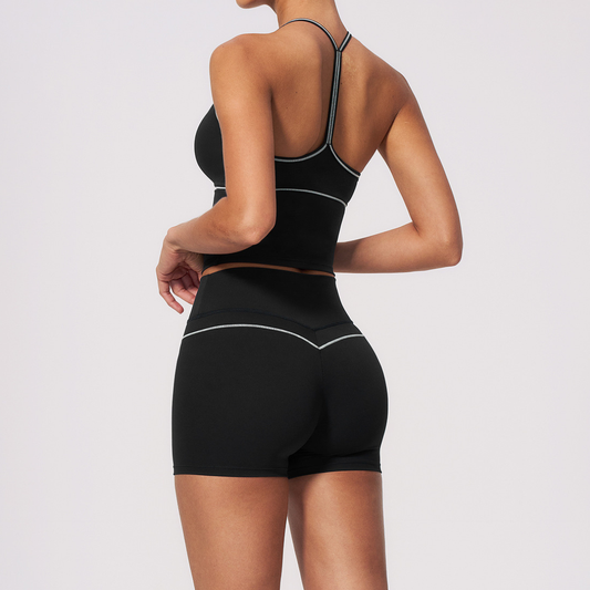 Wholesale Women's Brushed Yoga Set: Halter V-Neck Bra & Shorts – Colorblock Quick-Dry