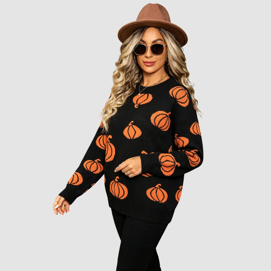 Wholesale Women's Halloween Witch Pumpkin Knit Sweater – Round-Neck Pullover