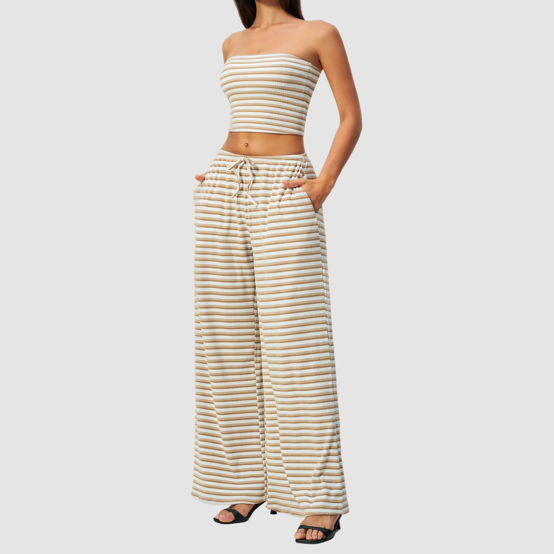 Wholesale Women's Stripe Tank Top & High-Waist Tummy Control Wide-Leg Pants
