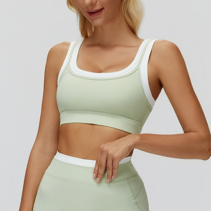 Fake two-piece contrast color stitching sports bra