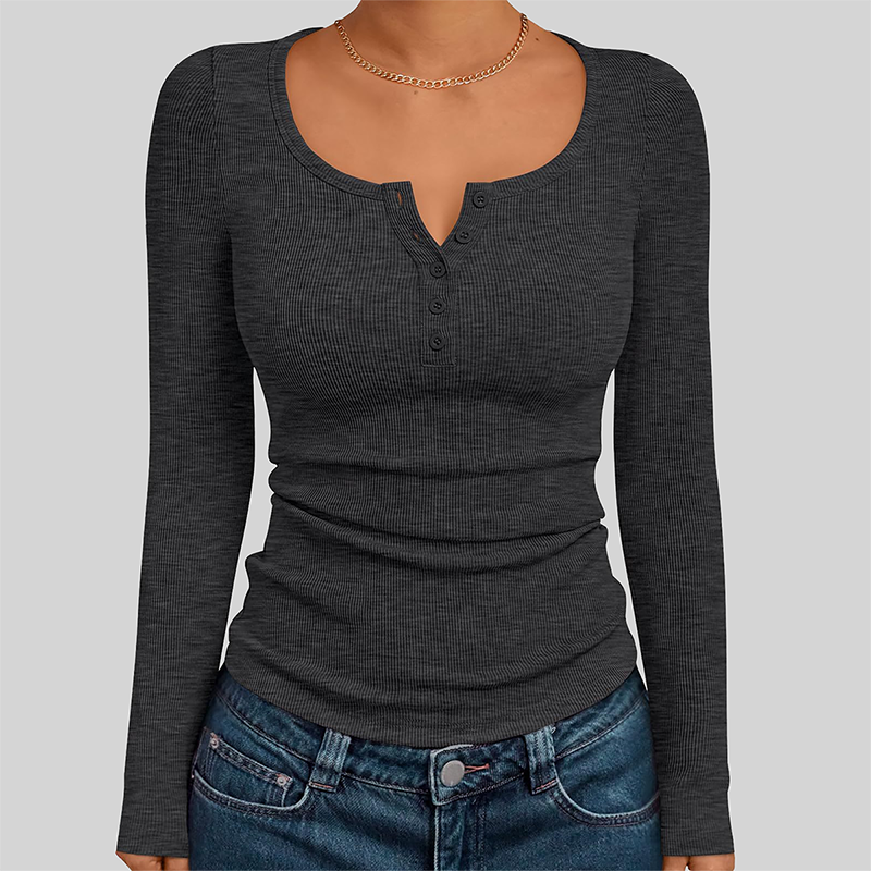 Wholesale Women's Button V-Neck Long Sleeve Ribbed Knit Top