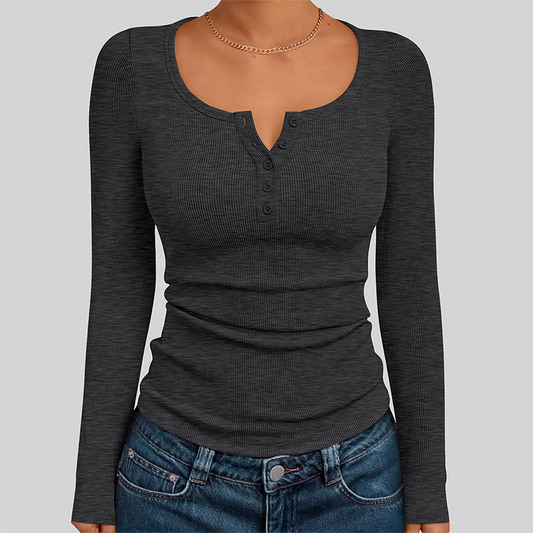 Wholesale Women's Button V-Neck Long Sleeve Ribbed Knit Top