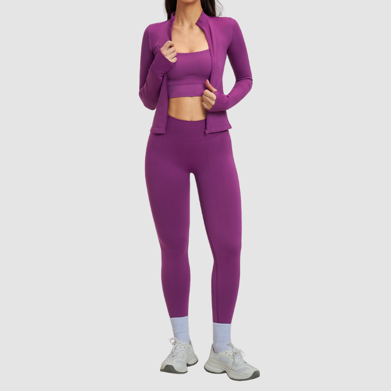 Wholesale Cross Shoulder Strap Bra+Legging+Jacket 3-Piece | Wonderxfans bulk activewear