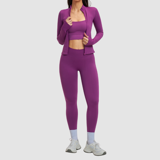 Wholesale Cross Shoulder Strap Bra+Legging+Jacket 3-Piece | Wonderxfans bulk activewear