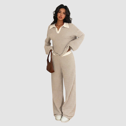 Wholesale Women's Striped Collared Lounge Set – Long Sleeve Top + Wide-Leg Pants