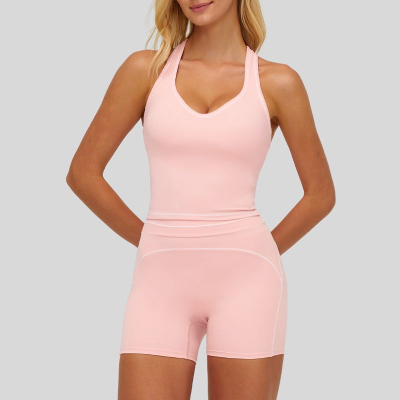 Contrasting racerback tank top+High waisted shorts 2-piece set