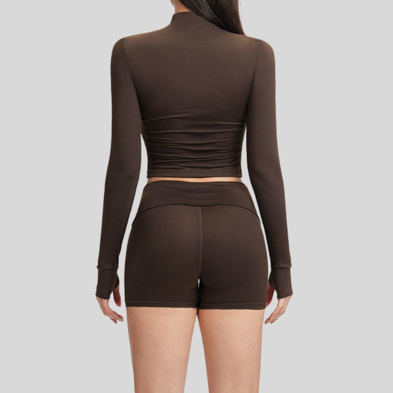 Yoga-inspired slim-fit long-sleeved top + tight-fitting shorts 2-piece set