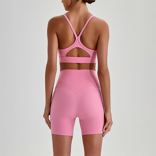 Wholesale Brushed Naked-Feel Open-Back Sports Bra & High-Waist Shorts Set – Sculpting Yoga 2-Piece