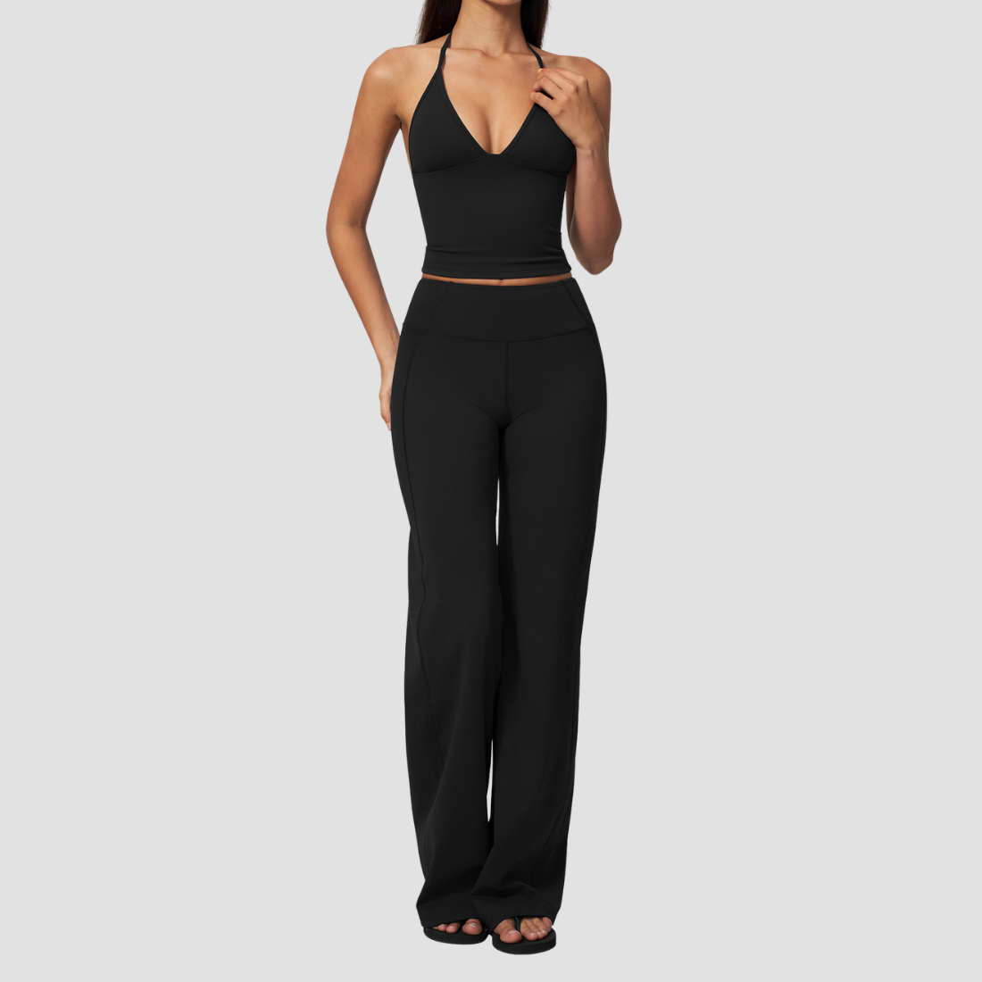 Wholesale Deep V Halter Neck Sweat-Wicking Breathable Fashion Casual Flared Fitness Set