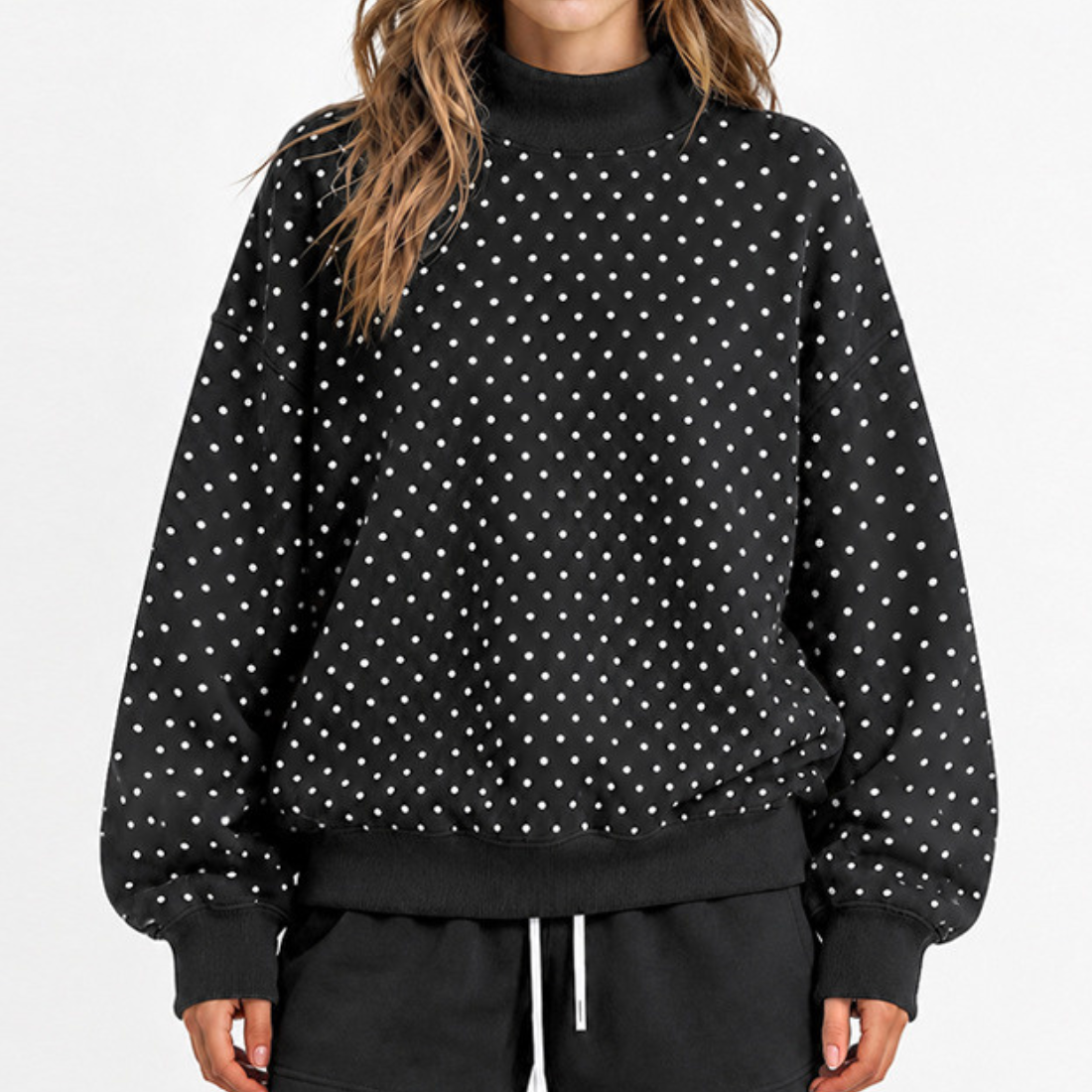 Wholesale Mock Neck Sweatshirt Women's Polka-Dot Fleece Pullover